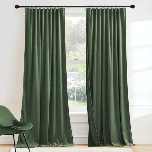 Image of RYB HOME Velvet Curtains 96 inches Long for Sliding Patio Door | Thermal Insulated, Privacy UV Heat Blocking, Back Tab, Room Divider for Space Separation, W62 x L96, Green, 2 Panels