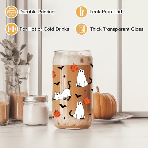 Fairy's Gift Halloween Ghost Cat Iced Coffee Cup, Halloween Cat Pumpkin Glass Tumbler, 16 oz Spooky Coffee Glass Cup with Lid Straw, Boo Basket Stuffers, Spooky Gifts for Feline Lover, Women, Teen - Image 4