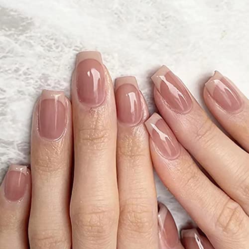 Vatocu Carré Brillant Faux Ongles Français Rose Appuyer sur les ongles Courts Blanc coller de faux ongles Couleur Unie Nu acrylique bâton sur ongles pour femmes et filles (24 pièces) Cover