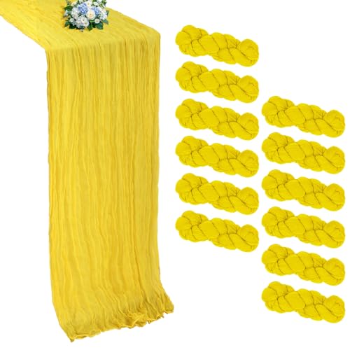 RestfulGlow 12 Pack Yellow Cheesecloth Table Runner 10FT Boho Cheese Cloths Gauze Fabric Table Runners 120 Inch Rustic Sheer for Easter Spring Wedding Birthday Party Baby Shower Holiday Home by RestfulGlow - Used condition - US$18.28