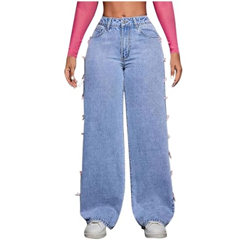 Oplxuo Cute Jeans for Women Girls 3D Bows Denim Pants Y2K High Waisted Straight Leg Baggy Jeans Casual Preppy Clothes