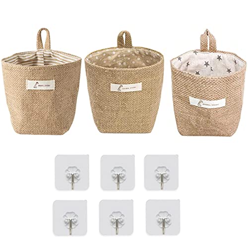 3 Pcs Bolsa de Almacenamiento para Colgar Cesta de Almacenamiento de Lino de Algodón con Asa Cesta de Almacenamiento Plegable para Juguetes, Maquillaje u Objetos Pequeños