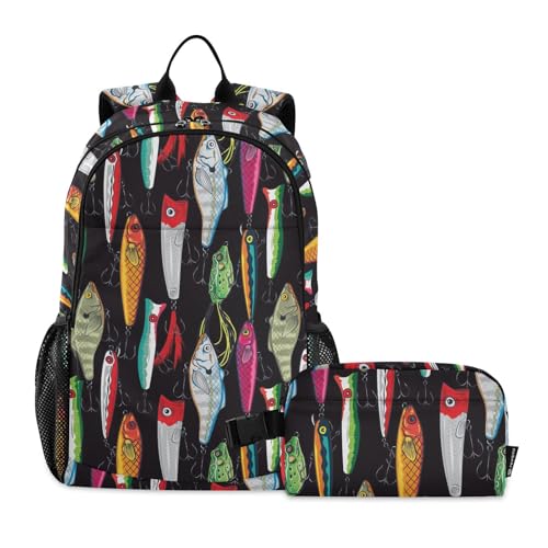 Emelivor Colorful Fishing Lures Dense Print Kids Backpack for Girls Boys School Bookbag with Insulated Lunch Box for Elementary Students Middle School Back to School Backpack
