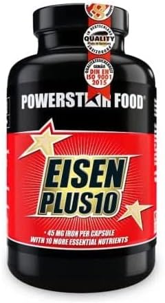 Powerstar IJzer Plus 10 | 90 ijzeren capsules met jodium, natuurlijk vitamine C en vitamine B-complex | veganistisch en hoge dosis met 45 mg ijzer per capsule | Duitse productie | voedingssupplementen