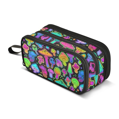 Image of Mushroom Colorful Pencil Case Big Capacity Handheld 3 Compartments Pencil Pouch Portable Large Storage Canvas Pencil Bag for Boys Girls Adults Students