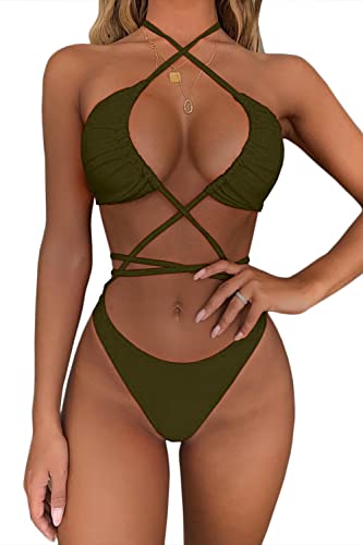 QINSEN-Womens-Sexy-Straps-Halter-Cross-Front-High-Cut-Thong-2-Pieces-Bikini-Set-Swimsuit | A2Z Store