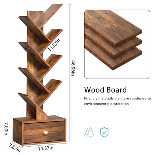 image for SHEEPAM 8 Tier Tree Bookshelf with Drawer, Free Standing Wood Bookcase
