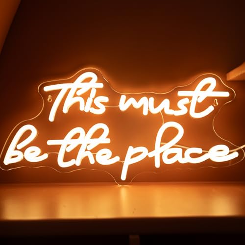 Image of This Must be The Place Wedding Sign, USB Powered Neon Signs with Dimmer and Sticky Hook, Hanging LED Light Sign Decorations, Home Decor for Bedroom Party Wall 16.93 x 8.27 inch