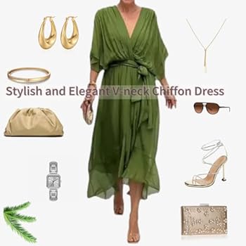 WINDEHAO Stijlvolle en elegante chiffon jurk met V-hals voor dames, chiffon, V-hals, maxi-jurk, avondjurk, feestjurk, chiffon, vleermuismouwen, bruiloftsgastjurk