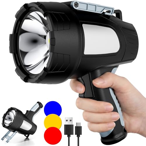 Rechargeable Spotlight Flashlight, 99,000 Lumen Super Bright Led Spotlight with 6 Modes & Foldable Tripod, Powerful Spot Light 30H Long Runtime, Handheld Spot Light for Outdoor Boating Hµnting