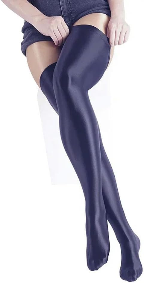 光沢のあるセクシーなストッキング 太もも丈 オーバーニーハイソックス レディース ロングストッキング (ブラック L(全長 76cm