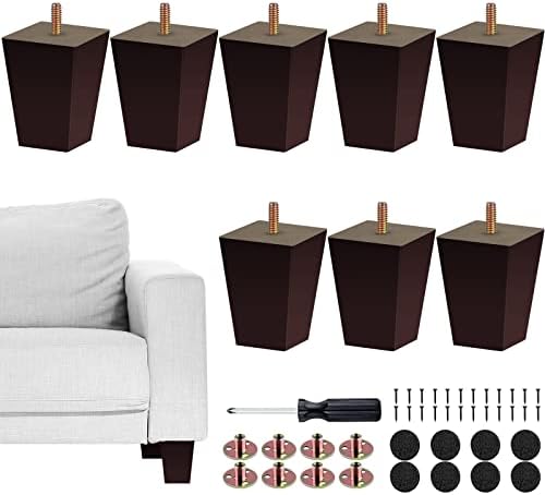 TURSTIN Set of 8 Furniture Legs 3 Inch Square Solid Wood Couch Legs Replacement Sofa Legs Mid Century Furniture Feet for Armchair Bed Dresser Cabinet Include Installation Hardware, Brown