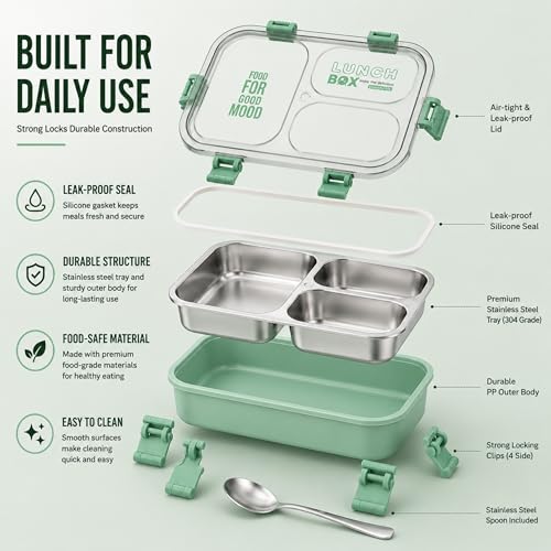 Image of Stainless Steel Lunch Box with 3 Compartments Leak Proof Airtight Lid BPA Free Food Storage Container Durable Portable Bento Tiffin for Kids, School Picnic (3 Green)