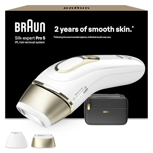 Braun Luz Pulsada Silk-expert Pro 5, Alternativa a Depiladora Laser, Eliminación Del Vello En Casa, Depiladora IPL Con Funda y 2 Cabezales Para Cara y Cuerpo, Blanca/Dorada, PL5140
