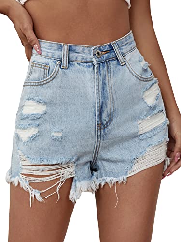 GORGLITTER Women's Ripped Raw Hem Distressed Denim Shorts High Waist Summer Straight Leg Short Jeans Light Blue M