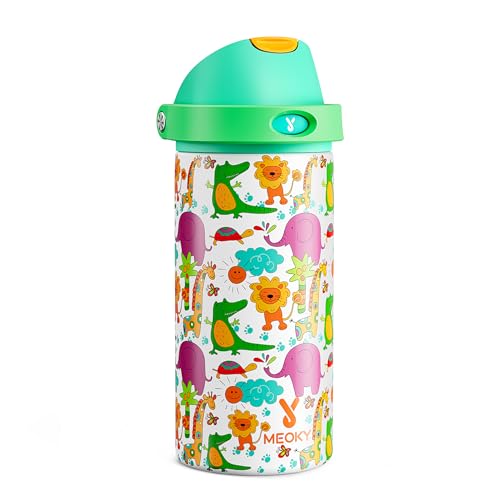 Image of 18 oz Kids Water Bottle for School: Meoky 18 oz Stainless Steel Insulated Water Bottle with 2-in-1 Straw and Spout Lid - Leak Proof, Fits in Car Cup Holder, BPA-Free for Teens Boys Girls, Wild Animals