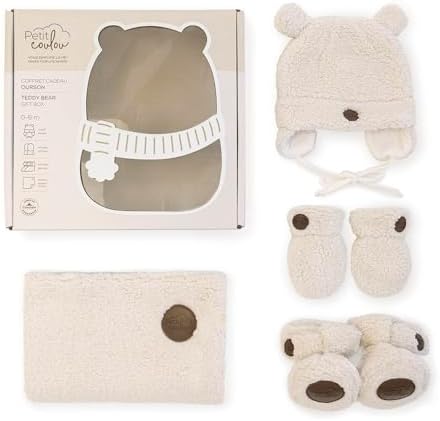 PETIT COULOU Teddy Bear Newborn Baby Gift Box 0-6 Months – Cozy Winter Set with Baby Mittens, Booties, Beanie & Blanket – Perfect New Born Gift for Warmth & Comfort (Sherpa)
