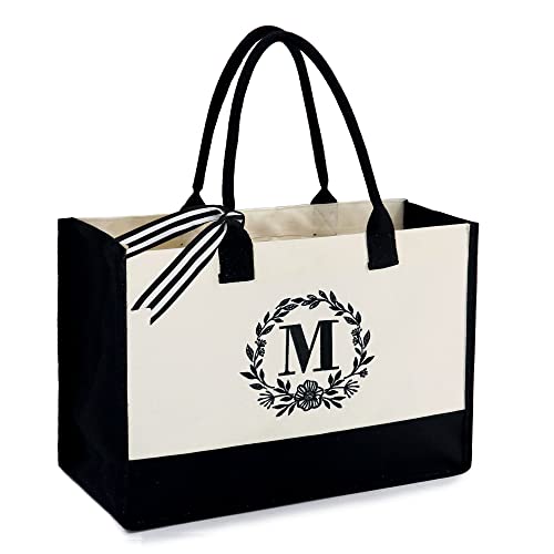 BeeGreen Birthday Gifts for Women Gifts Tote Bag Bridesmaid Gifts Initial Canvas Tote Bag w Zipper Pocket 13OZ Monogram Embroidery Personalized Beach Tote Bag for Friends Female Teacher Teen Girls M