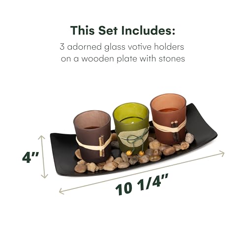 Dawhud Direct Decorative Votive Candle Holders, Vintage Decor Flameless Candlescape Set, 3 LED Tea Light Candles, Rocks aund Tray (Earth Tones) - Image 4