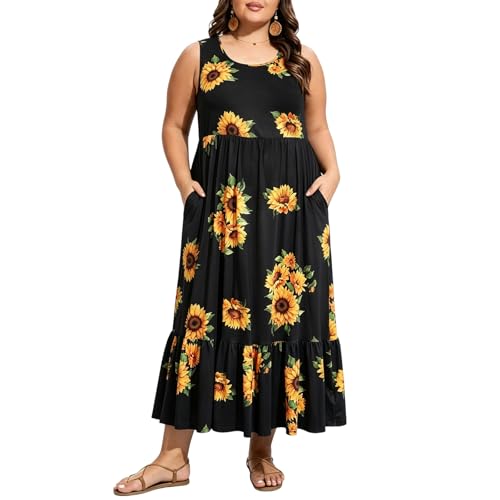 Image of Moon Wood Women's Plus Size Sleeveless Summer Dress Crewneck Tank Casual Flowy Maxi Dress with Pockets Vacation Outfits