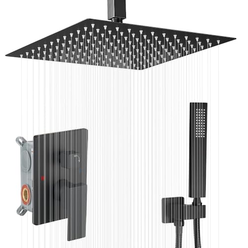 JingGang 16 Inch Ceiling Mount Matte Black Shower System Bathroom