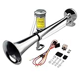 GAMPRO 12V 150db lkw hupe, Elektrisch - ECE,Chrom Zink Dual Trompete Air Horn mit Kompressor für alle 12V Fahrzeuge LKW Lörries Züge Boote Cars Vans (weiß)