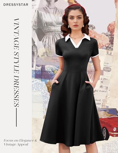 Dressystar Women V Neck 1950s Vintage Short Sleeves Dress Retro A Line Swing Rockabilly Cocktail Party Dresses with Pockets2