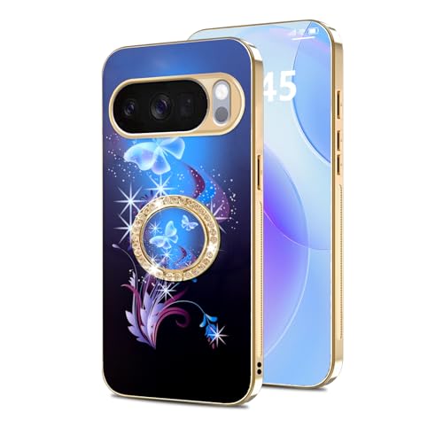 nancheng for Google Pixel 10 Pro/Pixel 10 Phone Case Cute Bling Butterfly Flower Design Soft TPU Shockproof Cover with Ring Holder & Matching Lanyard, Stylish Protective Shell for Female Women Girls