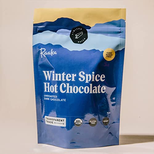 Raaka Chocolate Winter Spice Dairy Free Hot Chocolate Mix | Dark Hot Chocolate | Gourmet Hot Chocolate | Organic, Low Sugar, Gluten Free, Kosher, Vegan Hot Chocolate | 4 Oz. Bag #TOP3