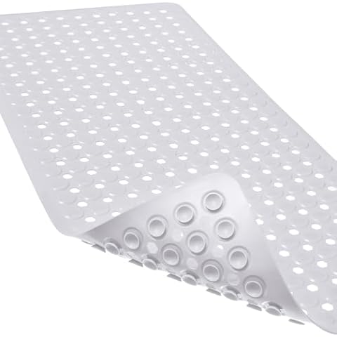Linoows Non-Slip Bathtub and Shower Mats, Power Grip Bath Mat 35 x 16.3 Inch, Bath Mat with Suction Cups and Drain Holes for Tub Bathroom Safety, Machine Washable Soft Shower Floor Mat, White Cover
