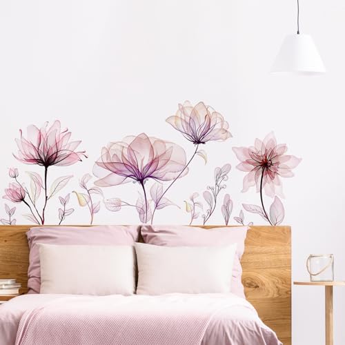 Tanlaby Pink Transparent Flower Wall Stickers, Watercolor Floral Leaves ...