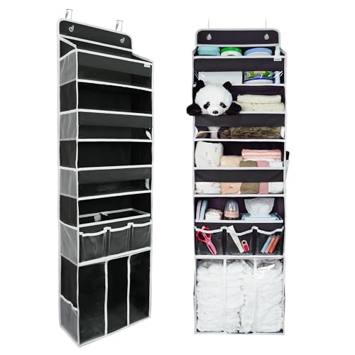 Image of Door Hanging Storage Organizer,with 3 Bins 1 Movable Baby Diaper Caddy,1 Large capacity diaper stacking storage Organizer,10 Side Pockets ,Bedroom Door Storage for Nursery Baby Essentials. (Dark grey)
