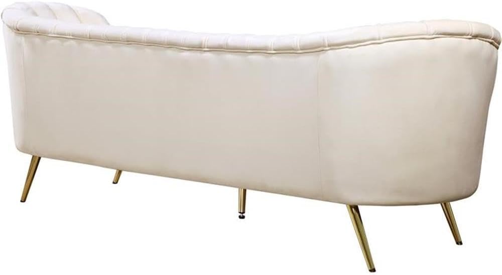 Meridian Furniture Margo Collection Modern | Contemporary Velvet Upholstered Sofa with Deep Channel Tufting and Rich Gold Stainless Steel Legs, Cream, 88" W x 30" D x 33" H