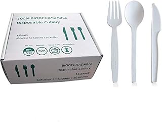100% Compostable Cutlery Set -150pcs Eco Friendly Forks Spoons Knives , Party Supplies,Plant Starch Utensils Set for Wedding, Picnics,Office and Outdoor BBQ (150 Pack)