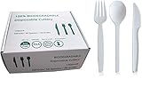 100 % kompostierbares Besteck-Set, 150 Stück, umweltfreundliche Gabeln, Löffel, Messer, Partyzubehör, Pflanzenstärke, Utensilien-Set für Hochzeit, Picknick, Büro und Grillen im Freien, 150 Stück