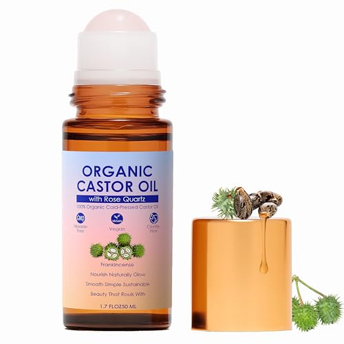 SDXJIOGE Organic Castor Oil with Rose Quartz Roller, 100% Pure Cold-Pressed, Organic Castor Oil Roll On Rose Quartz, Hexane-Free,Amber Glass Bottle for Skin 1.7oz (1)