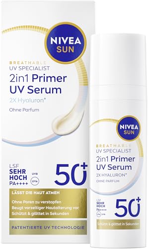 NIVEA SUN 2in1 Primer Daily UV Serum LSF 50+, parfümfreie Sonnencreme für glattere Gesichtshaut mit Hyaluron und Antioxidans, schnell einziehende Gesichtspflege mit LSF (30 ml)