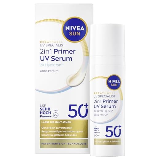 NIVEA SUN 2in1 Primer Daily UV Serum LSF 50+, parfümfreie Sonnencreme für glattere Gesichtshaut mit Hyaluron und Antioxidans, schnell einziehende Gesichtspflege mit LSF (30 ml)