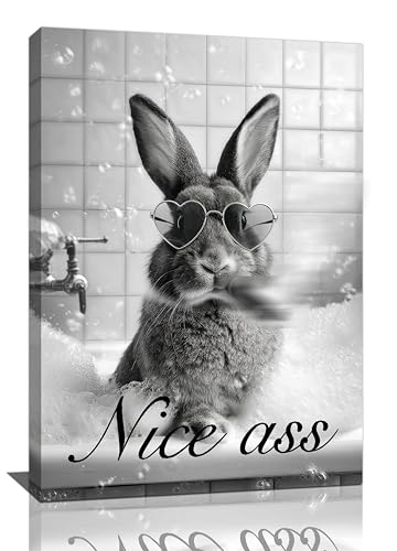 Funny Rabbit Bathroom Wall Art Black And White Bunny Bathtub Canvas Wall Decor Pictures Paintings Prints Artwork Framed Decorations For Bedroom Living Room Gifts 16" x 24"