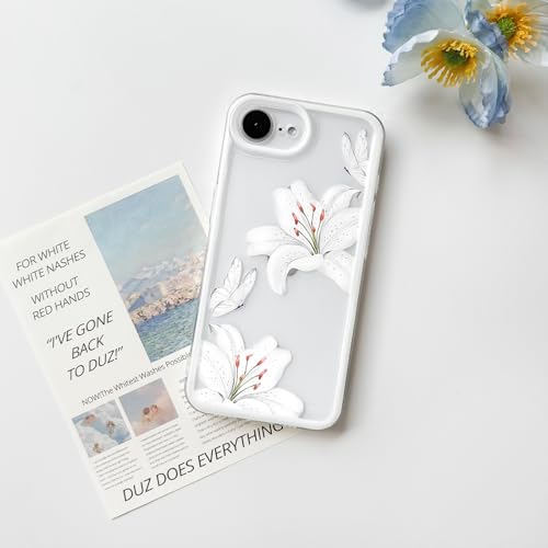 NITITOP Compatible with iPhone 16e Case Cute Lily Flower Floral Butterfly Pattern for Women Girls Color Frame Slim Shockproof Protective Phone Cover - White by NITITOP - Image 4