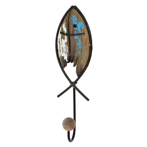 Fyne-Finds Metal Fish Wooden Wall Mounted Nautical Hook Scarf Leads Coat Key Hanger Rack Decorative