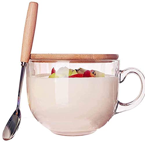 KKgud Tasse à thé en verre avec couvercle en bois et cuillère, 473 ml, bol à yaourt Cover