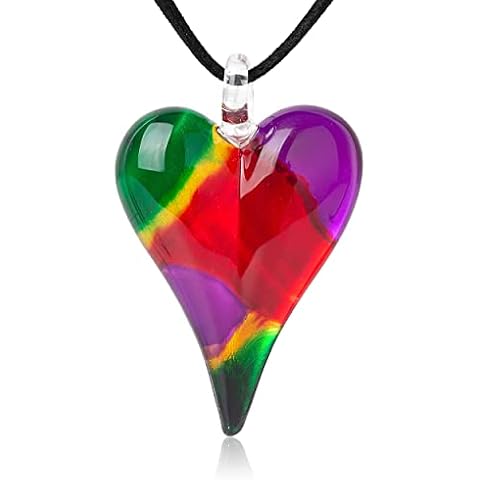 CHUVORA Hand Blown Glass Colorful Watercolor Long Heart Shaped Pendant Necklace, Green Purple Red Yellow 18 inches Cover