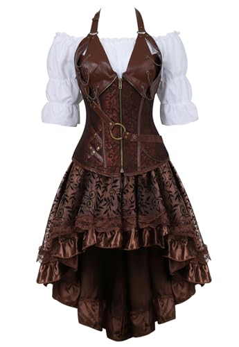 frawirshau Women's Steampunk Costume Corset Dress: Steampunk Corset with Skirt and White Pirate Blouse - Steam Punk Clothing for Cosplay XL