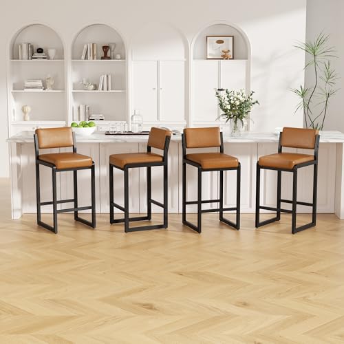 Image of Bar Stools Set of 4, Modern Counter Height Bar Stools with Back,26 inch Caramel