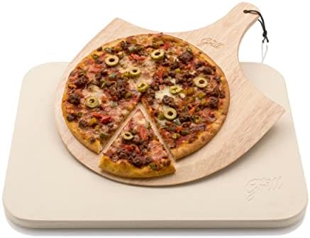 HANS GRILL PIZZA STONE | Rectangular Pizza Stone For Oven Baking & BBQ Grilling With Free Wooden Peel | Extra Large 15 x 12" Inch Durable Cordierite Cooking Stone.