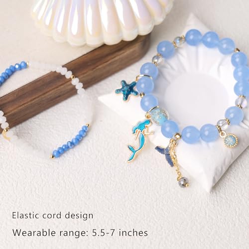 Image of LZ Emotion 2 Pcs Mermaid Bracelet Set Beaded Mermaid Charm Bracelets Starfish Summer Jewelry Mermaid Gifts Birthday Party Decoration
