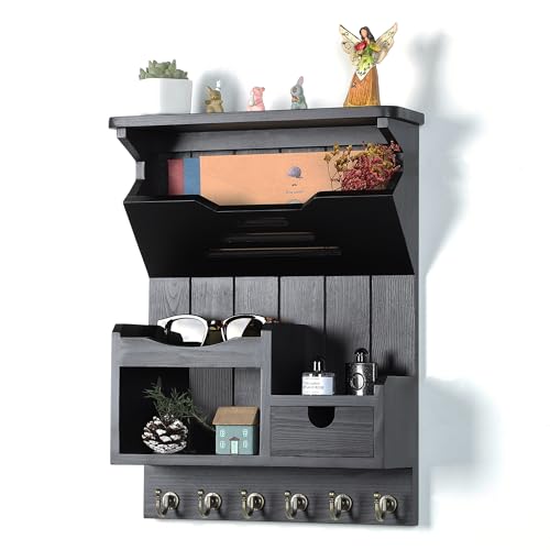 DOPACE Handcrafted Pine Wood Mail Organizer & Key Holder, Black | Hand-polished natural pine wood with storage drawer & 6 hooks, Fine spray paint finish, Easy wall mount