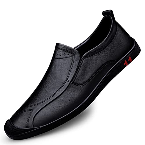 Mens Loafers Genuine Leather Stitching Details Round Toe Breathable Lightweight Anti-Slip Comfortable Outdoor Slip-on