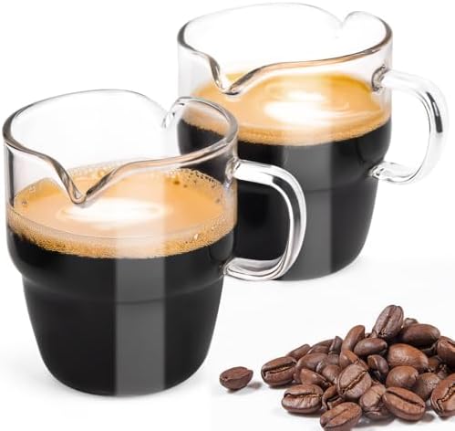 Espresso Cups Set of 2, 6 Oz Expresso Shots Cup, Stackable Espresso Shot Glass, Double Spouts Milk Cup, Clear Glass Mugs with Handle for Coffee Bar